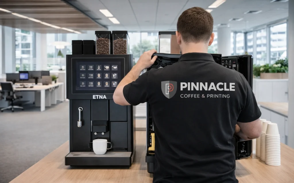Pinnacle monteur die service doet bij een FACILenjoy en Etna koffiemachine bij onze klant op kantoor