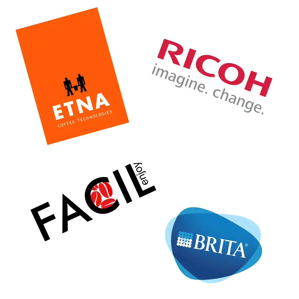 Ricoh, Etna, Facil en Brita logo's die verkopen en verhuren